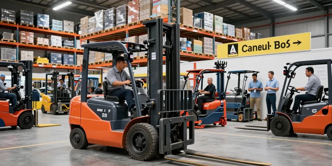 Explore electric forklifts for sale in a busy warehouse setting, showcasing various models in action.