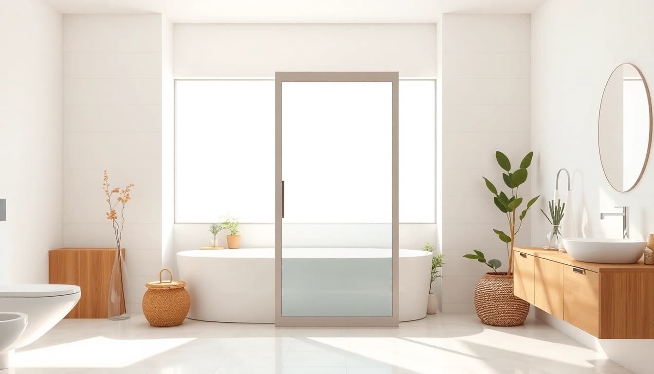 See a modern shower screen sliding door framed by elegant bathroom decor and natural lighting.
