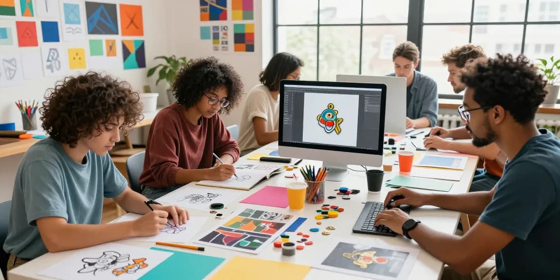 Designers creating custom pins with colorful sketches and digital tools in a bright workspace.