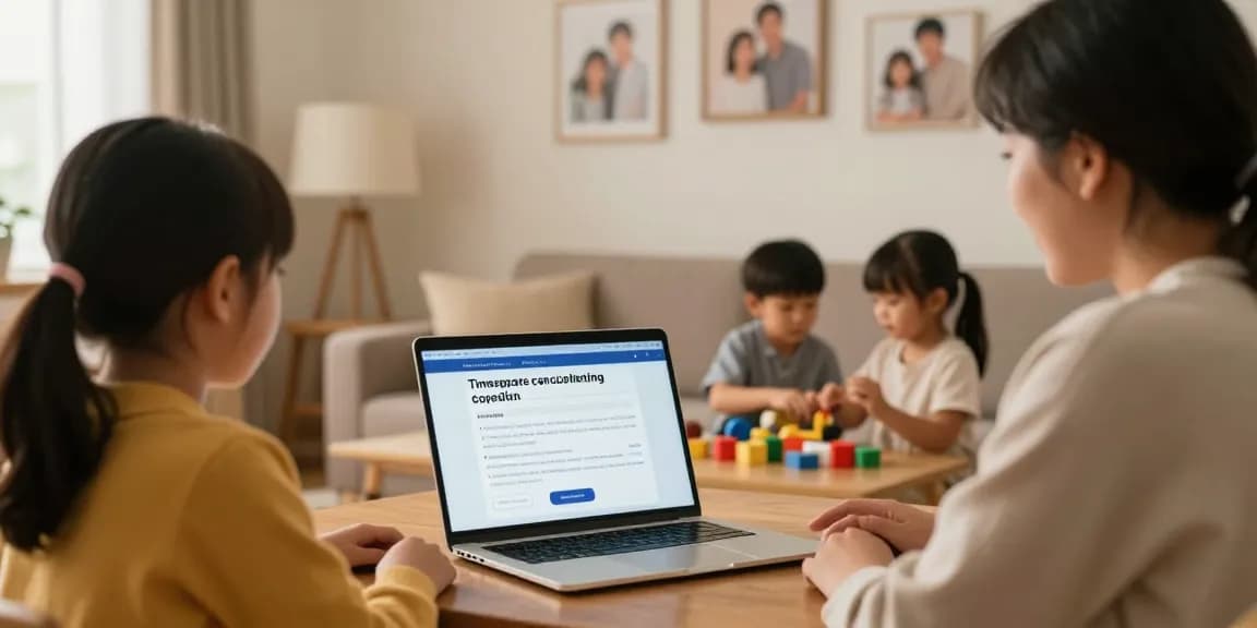 Family discussing how can you get rid of a timeshare in a cozy living room with a laptop and children's toys.