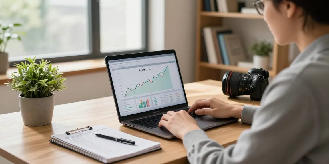 Investor analyzing Indexfonds performance in a bright home office