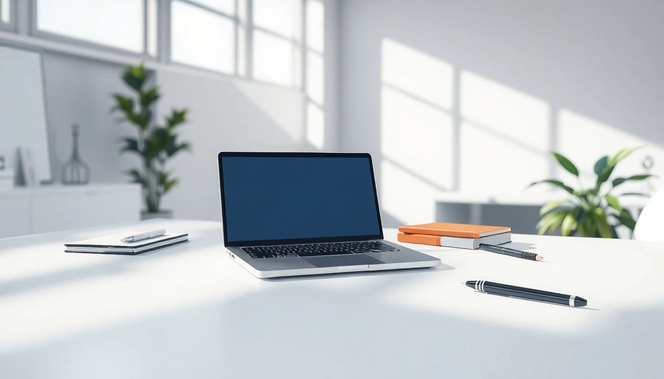 Usando MacBook Pro M3 en una oficina moderna y minimalista.