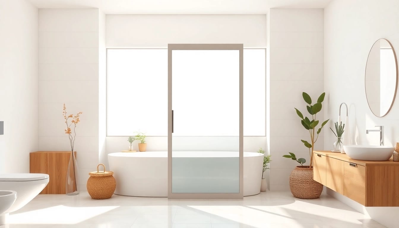 See a modern shower screen sliding door framed by elegant bathroom decor and natural lighting.