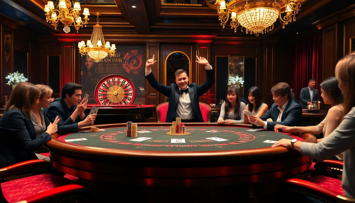 Players enjoying a thrilling poker game at nhà cái UU88 with luxurious decor and vibrant ambiance.