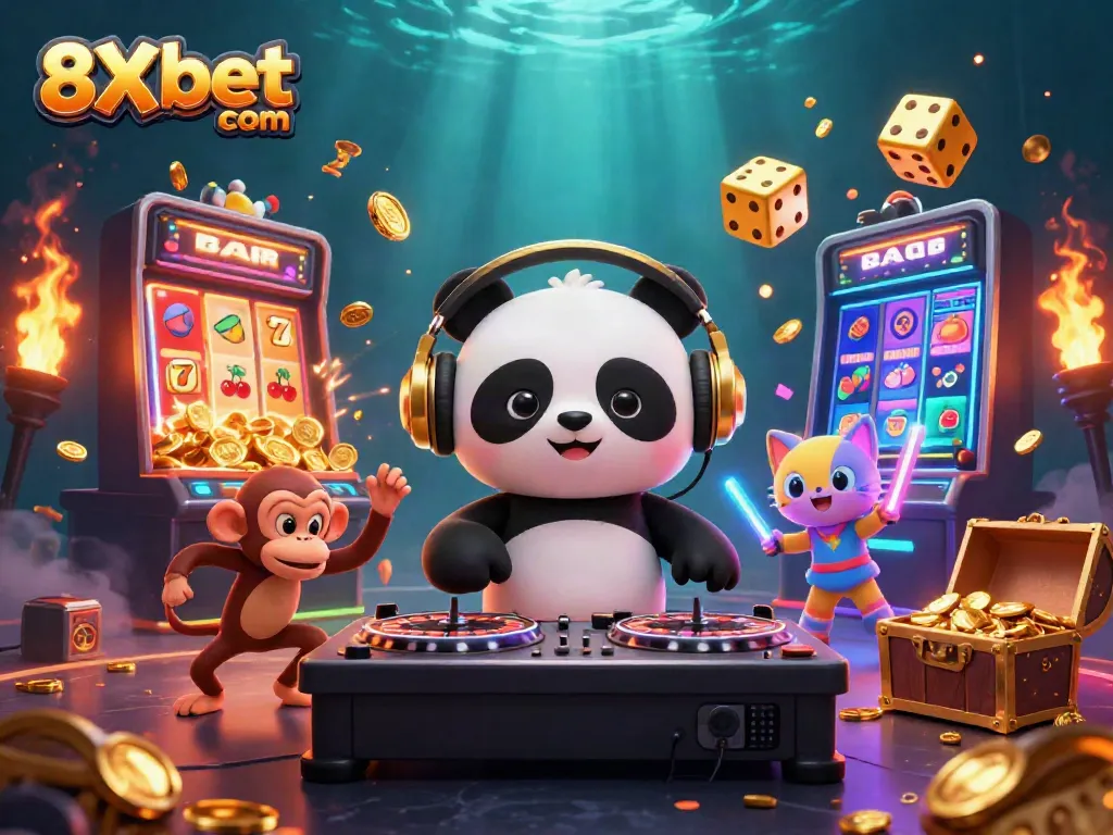 Experience the vibrant atmosphere of 8Xbet com with lively characters and casino games in this illustration.
