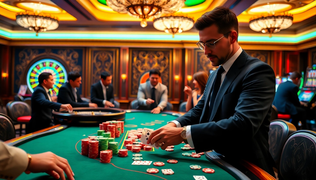 Players enjoy a thrilling poker game at one88 casino with colorful chips and a professional dealer.