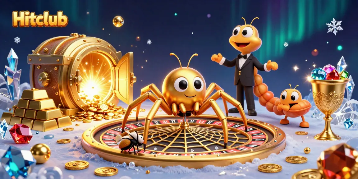 Place bets at Hitclub with a cartoon scene of a spider roulette web and gemstone treasures.