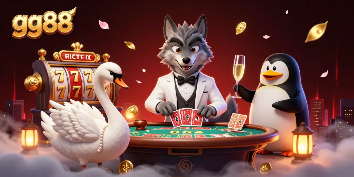 Experience the thrill at gg88 with a vibrant 3D slot scene featuring a wolf, swan, and penguin.