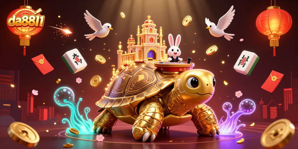 Experience thrilling gameplay with da8811 at a dynamic casino scene featuring a golden tortoise and rabbit dealer.