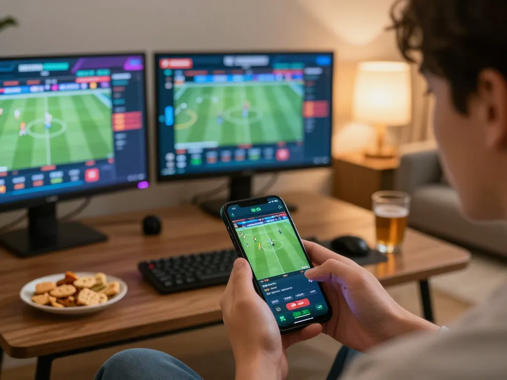 Player engaged in sports betting on smartphone while surrounded by home comforts at XO88.