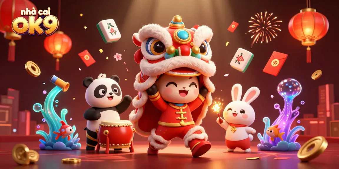 Experience thrilling gameplay at nhà cái ok9 with vibrant characters celebrating in a festive 3D casino environment.