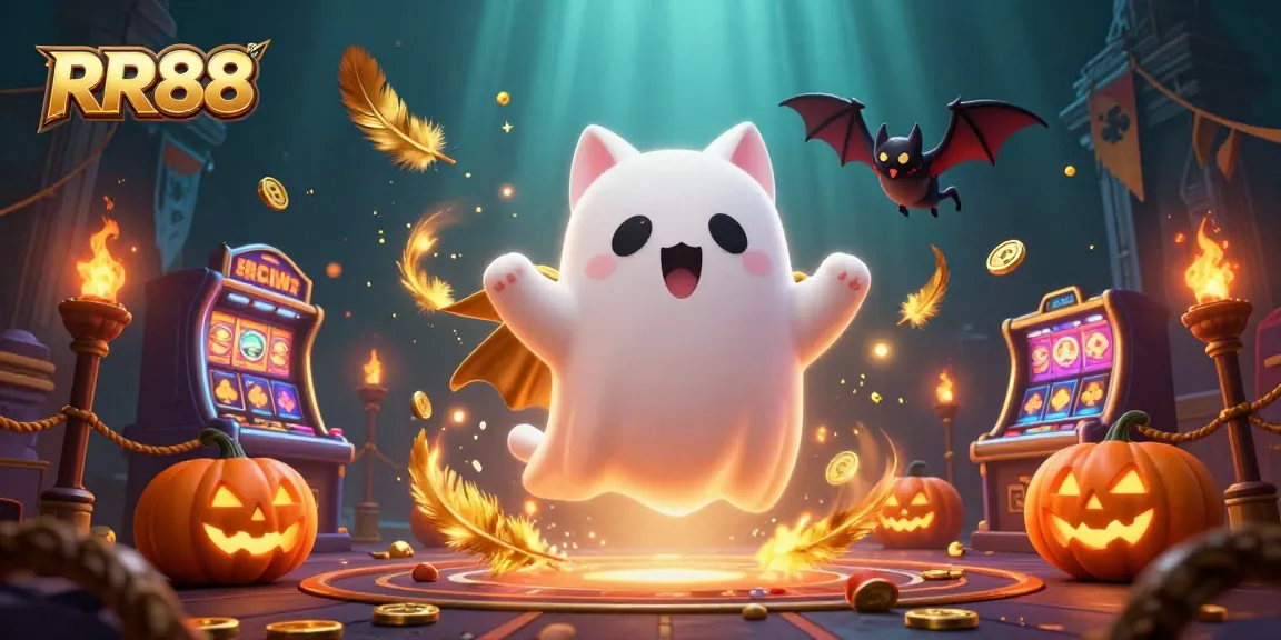 Engage with RR88, where a ghost cat and vampire bat explore a haunted casino, surrounded by glowing poker pumpkins and gold coins.