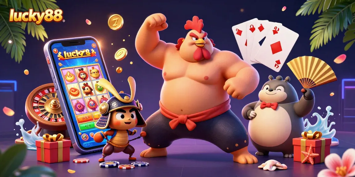 Witness the excitement at lucky88 with a powerful sumo rooster and fierce cricket in a vibrant casino scene.