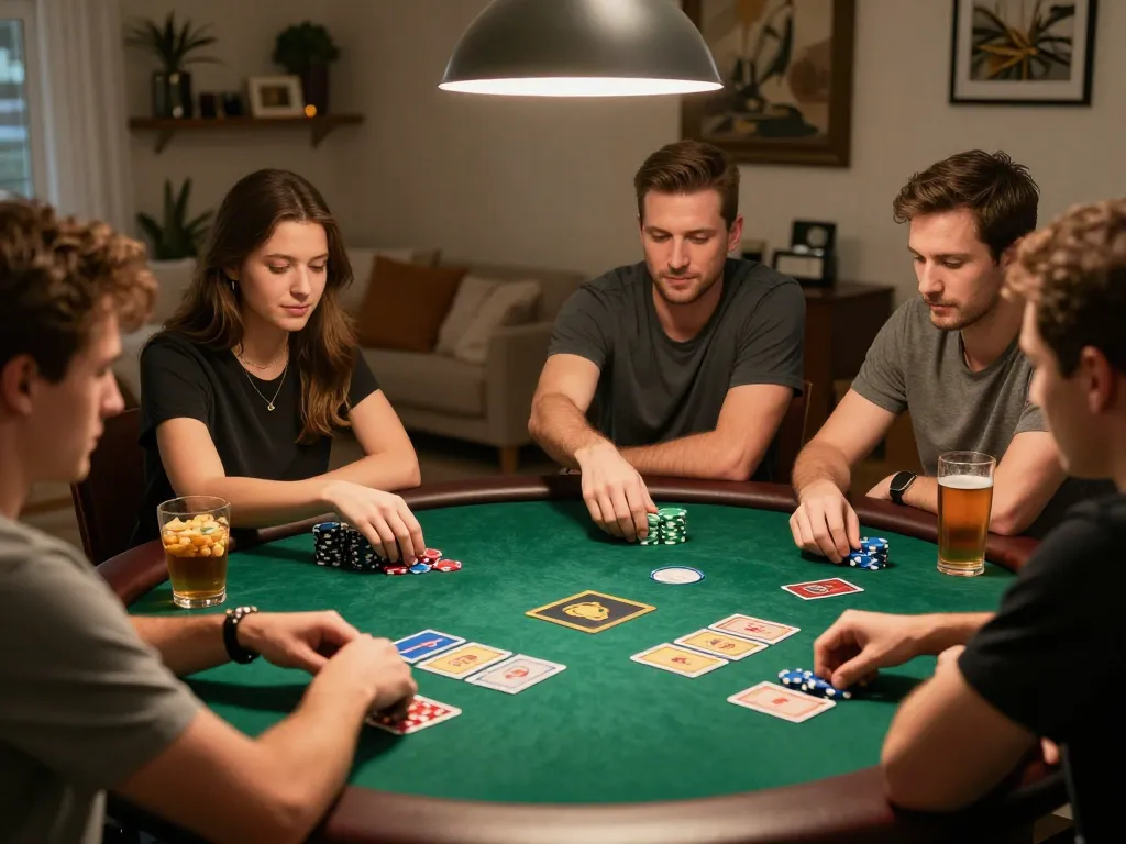 du88 poker night with friends betting over colorful chips and community cards.