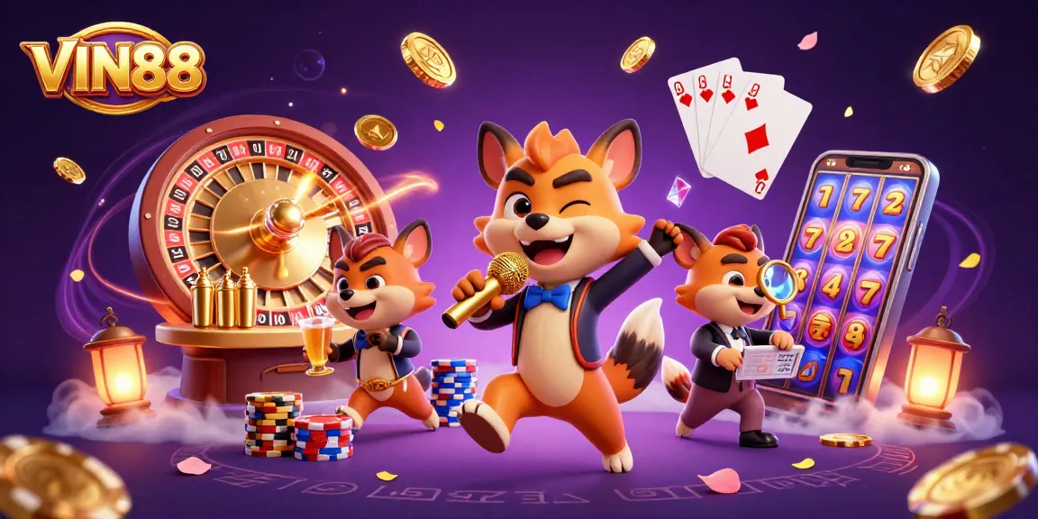 Experience the excitement of VIN88 with lively hyenas in a rich casino environment full of games and glimmering elements.