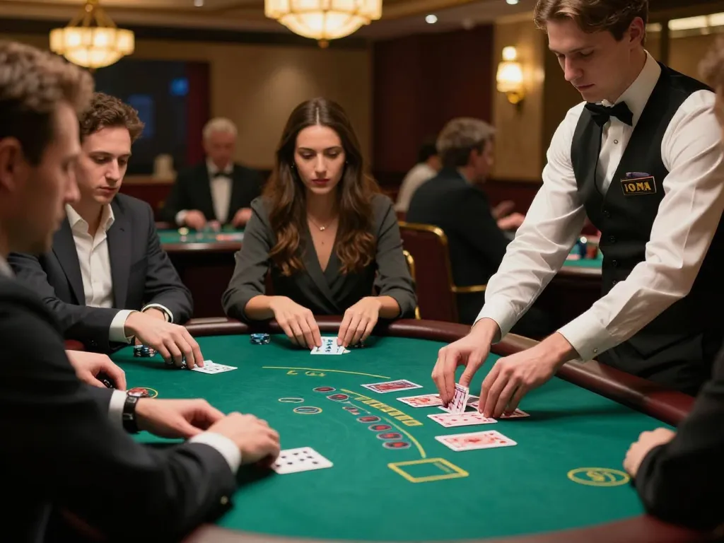 Engaging blackjack gameplay at DA88 casino table with attentive players and professional dealer.