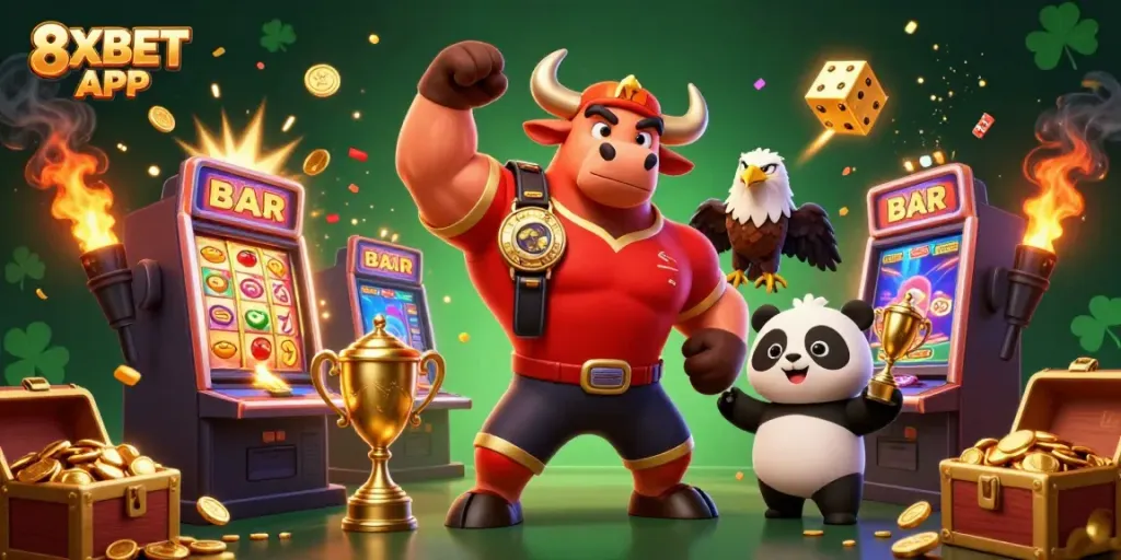 Experience the excitement of the 8XBET APP with a lively scene featuring characters and casino games.