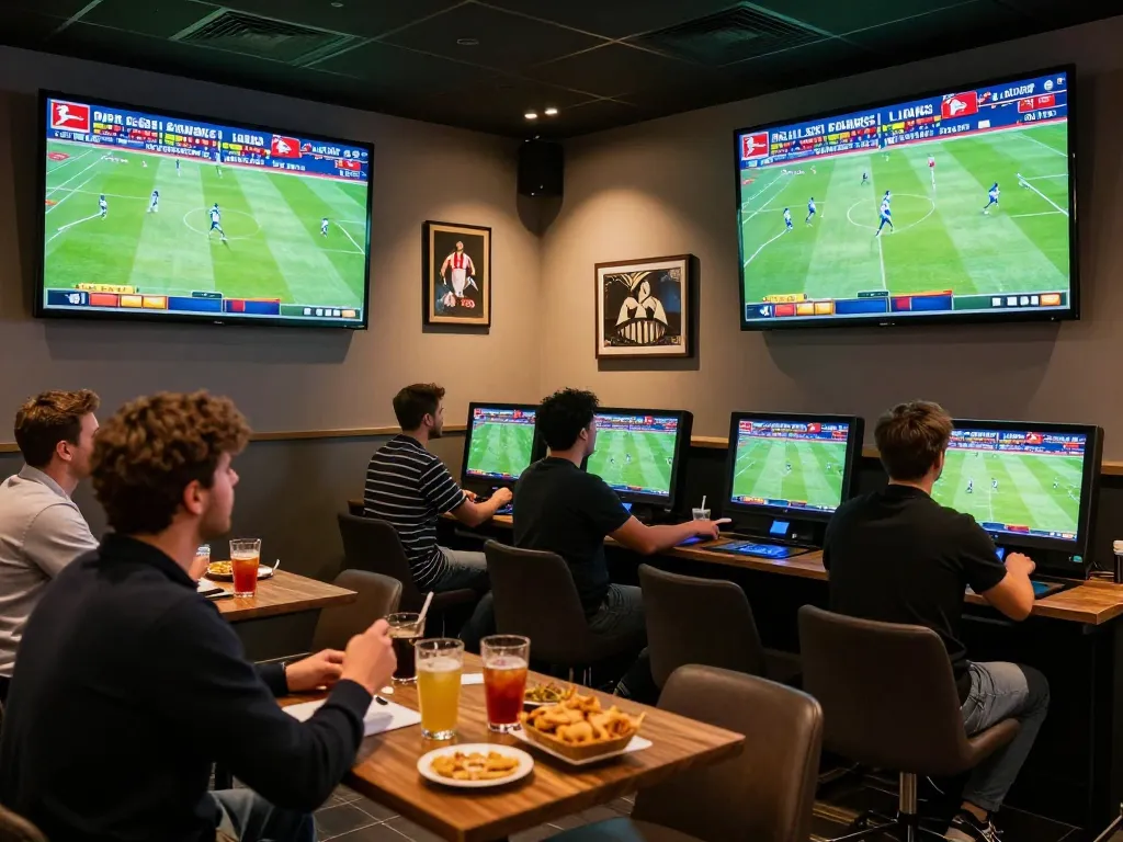 Fans engaging with nhà cái go8 sports betting lounge during live Bundesliga matches, cheering and placing bets.