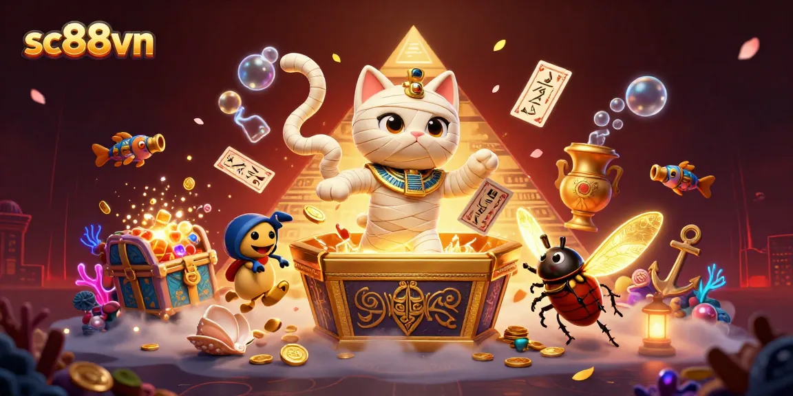 Engage in thrilling fun at sc88vn with an energetic pyramid casino scene featuring a mummy cat.