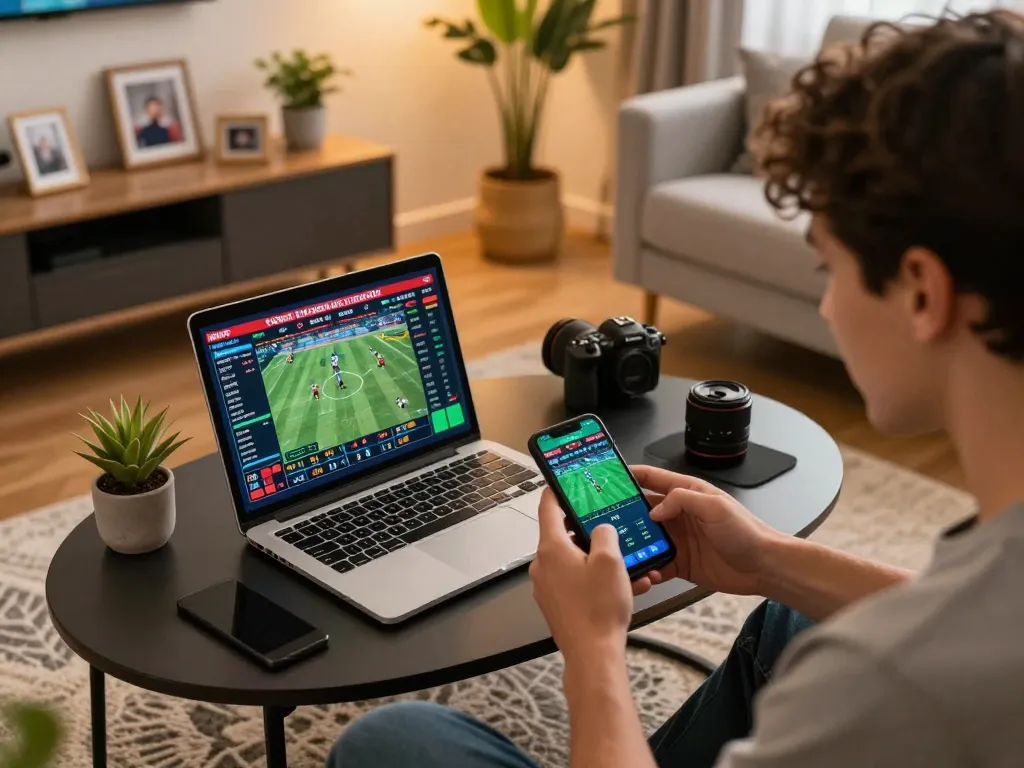 Person placing a bet on sports using a smartphone in a modern living room to illustrate debet action
