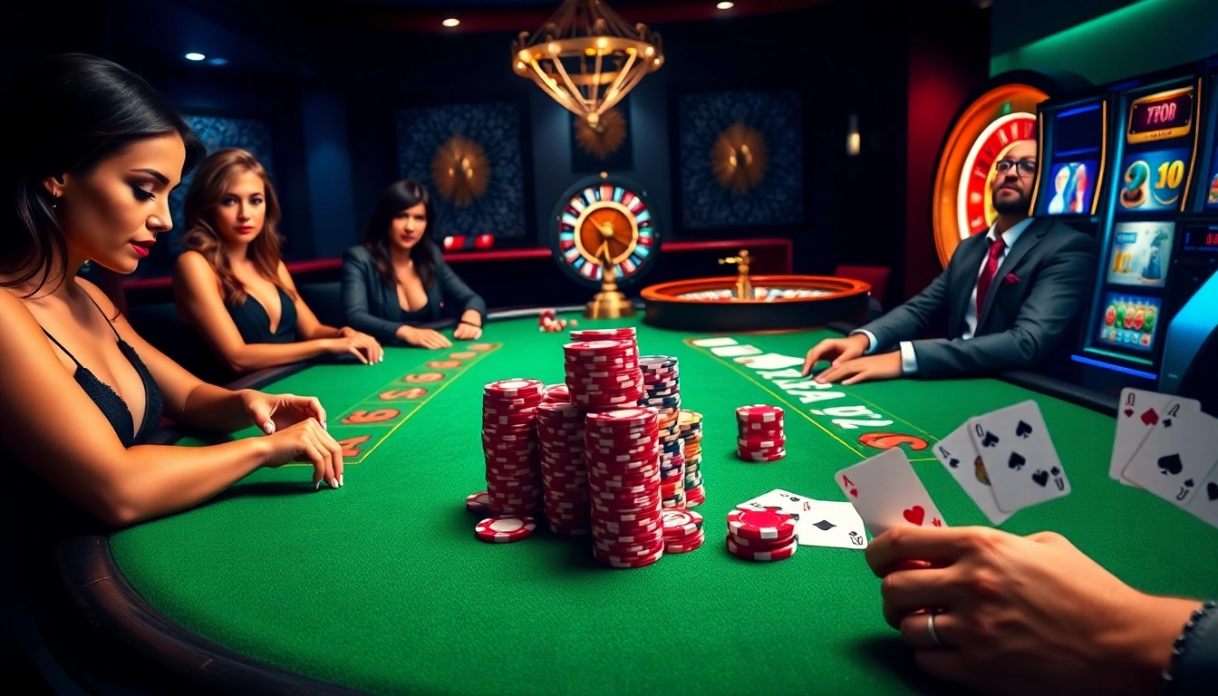 Players strategizing in a thrilling poker game at 98win's luxurious casino setup.