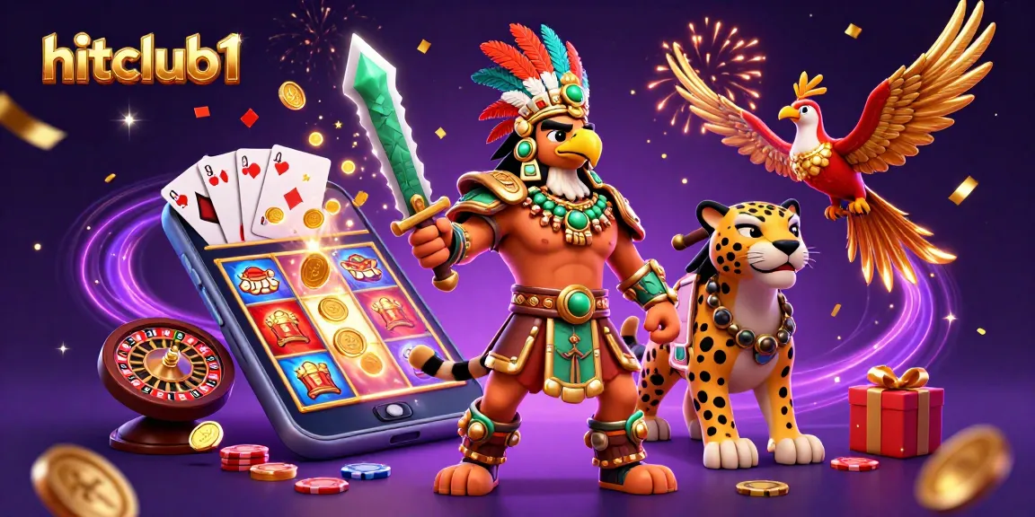 hitclub1 presents an exciting slot gaming battle with Aztec characters and vibrant casino elements