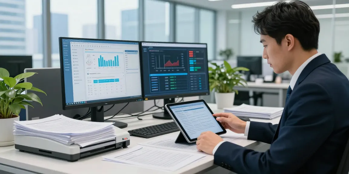 Document fraud detection in action with compliance officer analyzing documents at modern office