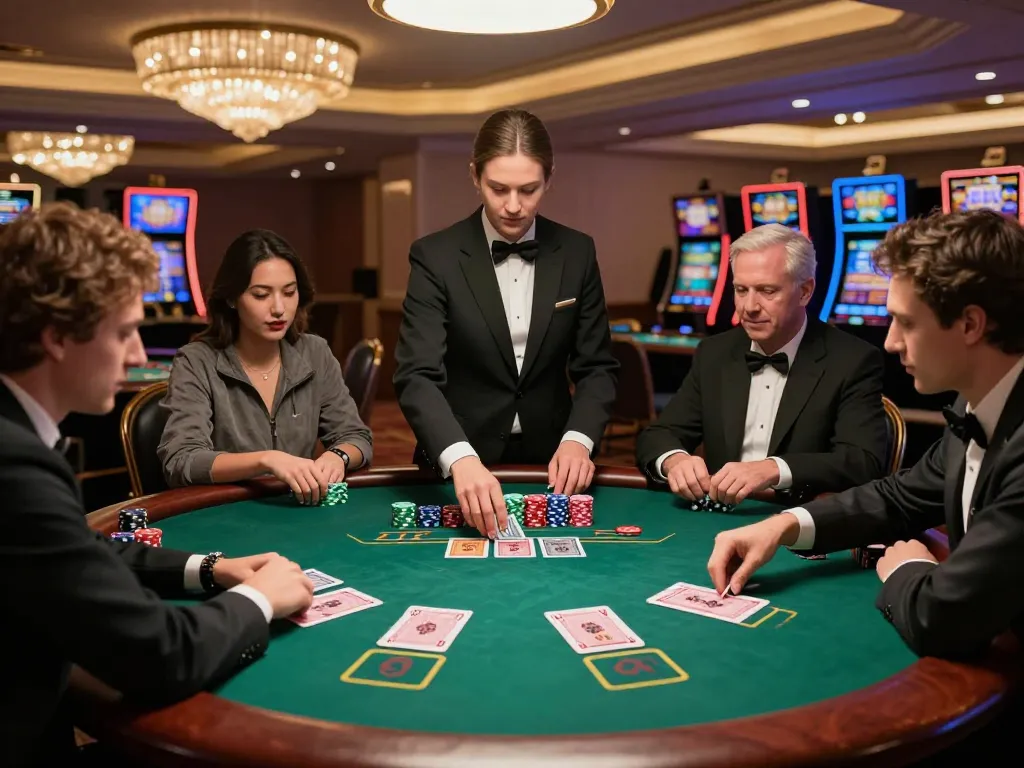 Engaged players at the DA88 blackjack table strategizing their next moves in an upscale casino.