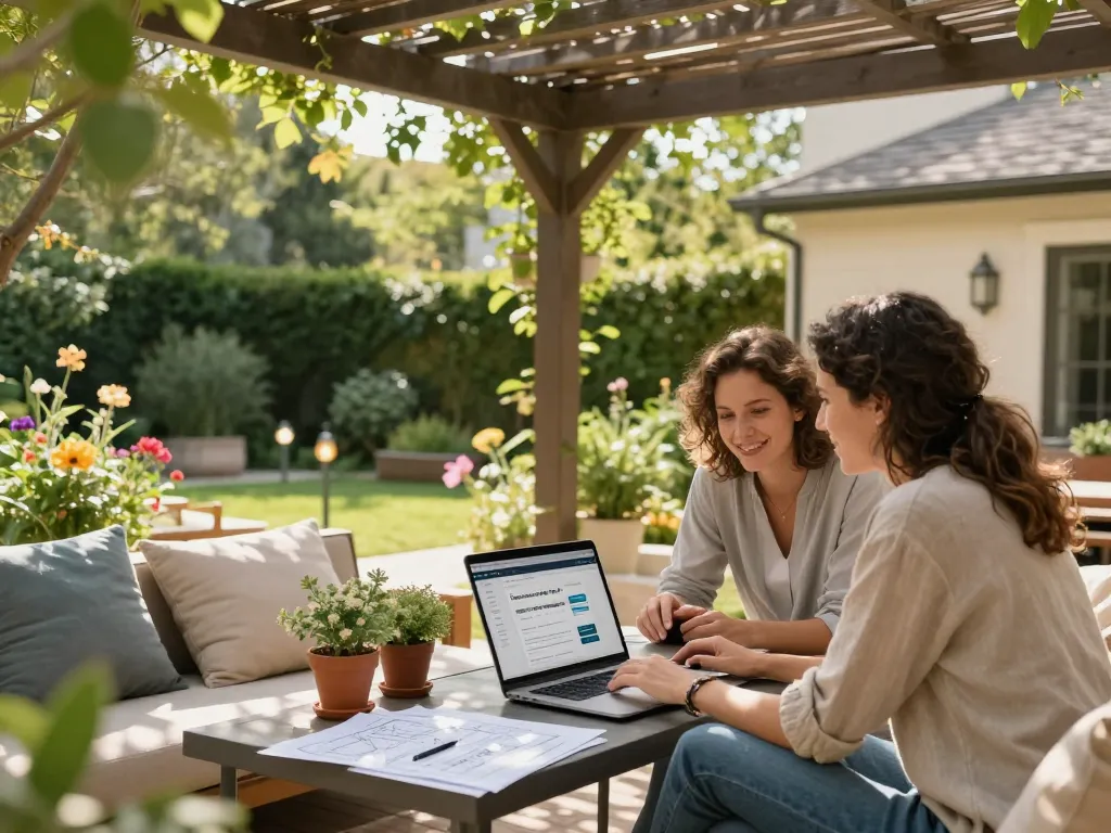 Coppia sotto una pergola elegante che gestisce contenuti utilizzando CMS in un giardino sereno.