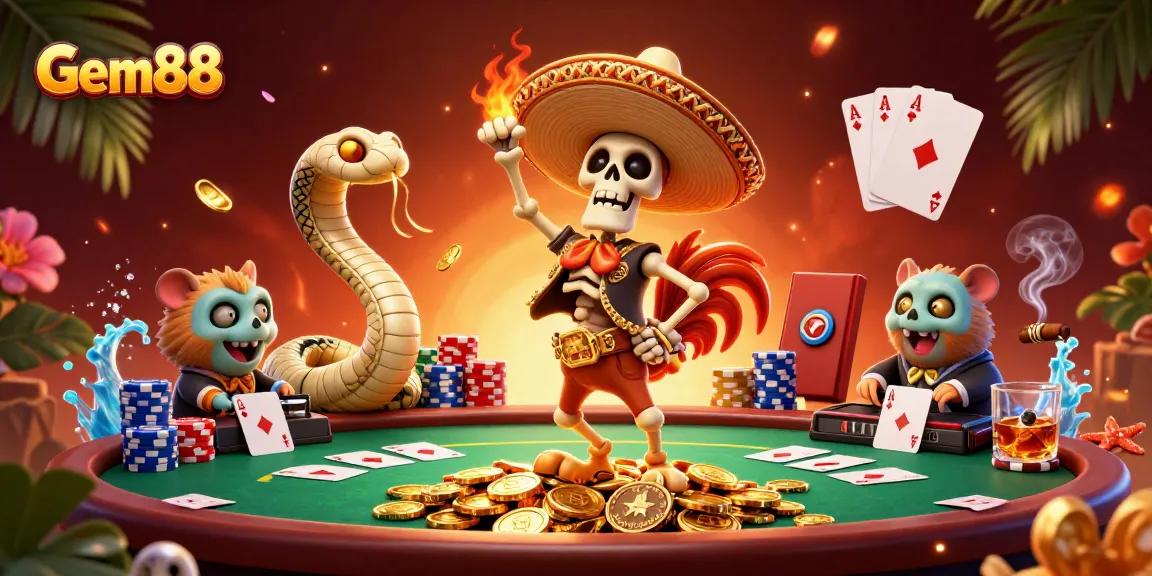 Gem88 features a lively victory dance scene with a mariachi skeleton and vibrant poker elements.