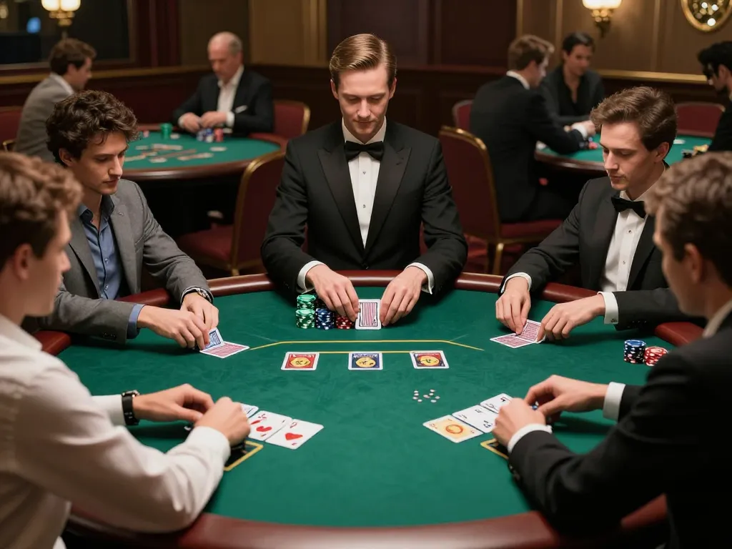 Players engaging in an intense game of poker at Okfun's luxurious casino table