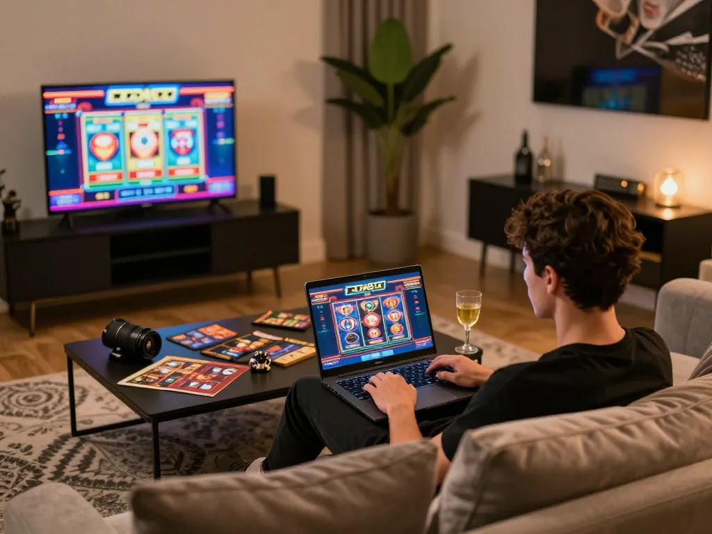 Engaging in F168 online casino gaming with a stylish living room setup, conveying comfort and strategy.