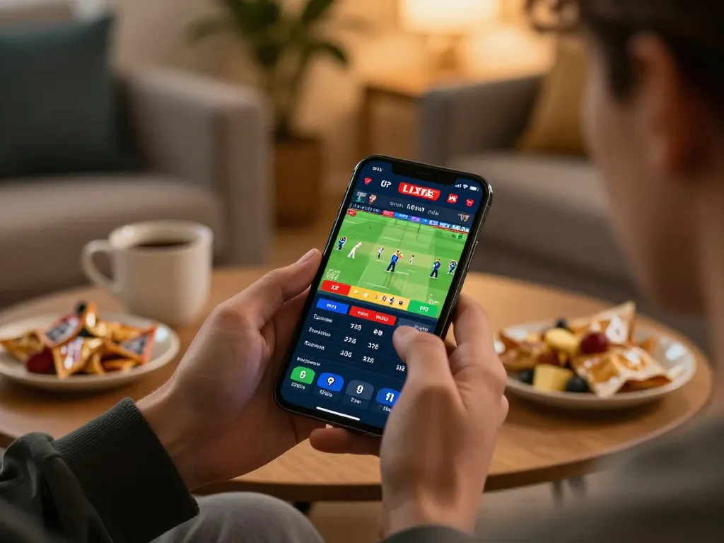 Placing bets on crickex mobile app, showcasing live cricket odds during an exciting match.