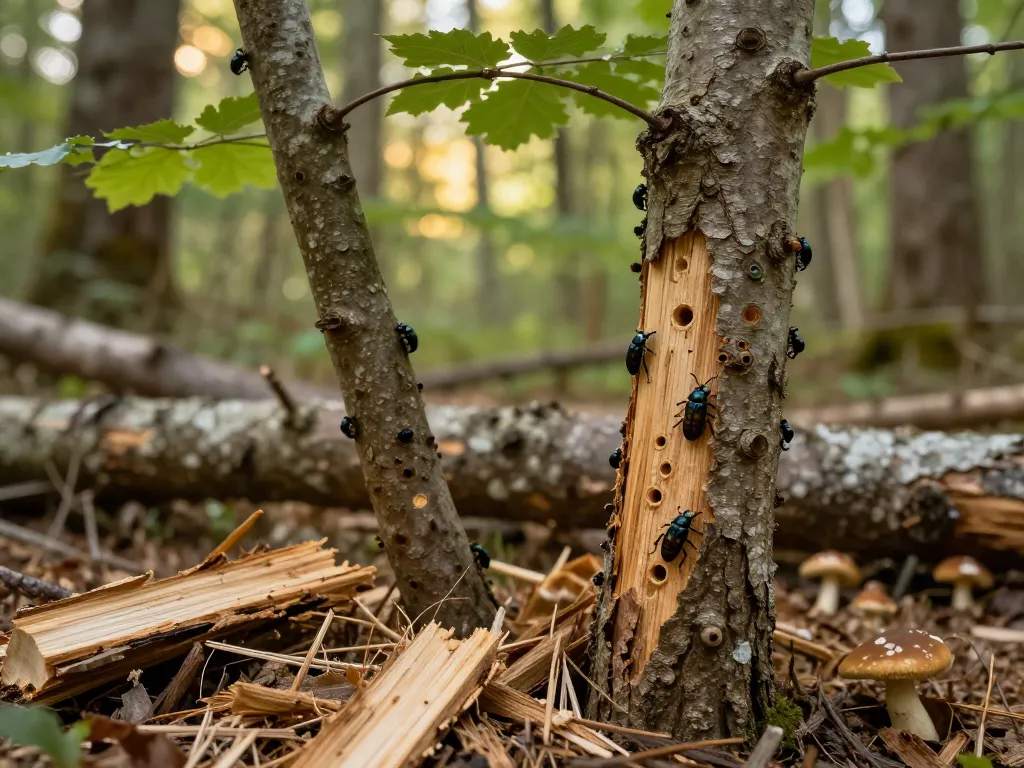 Coleotteri del legno che emergono dalla corteccia degli alberi, mostrando segni di infestazione e polvere di legno.