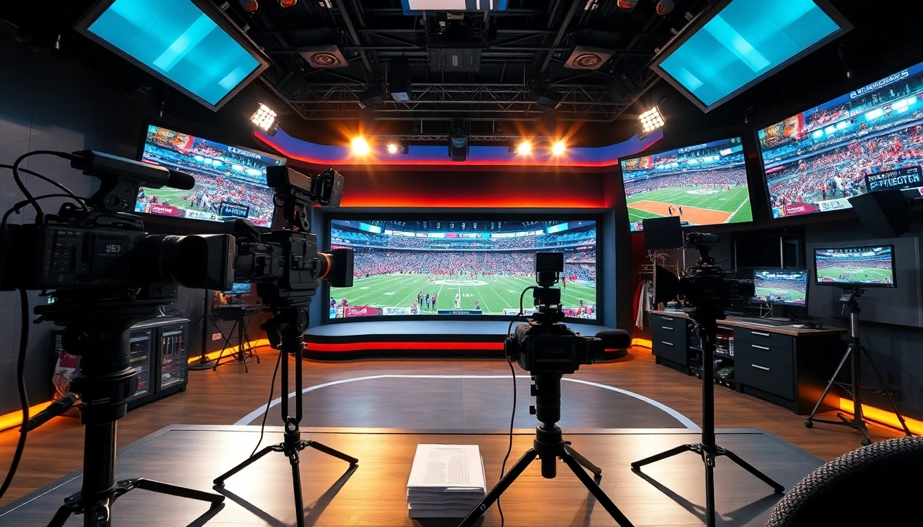 Captivating sports broadcasting scene showcasing professional equipment and lively sports action.