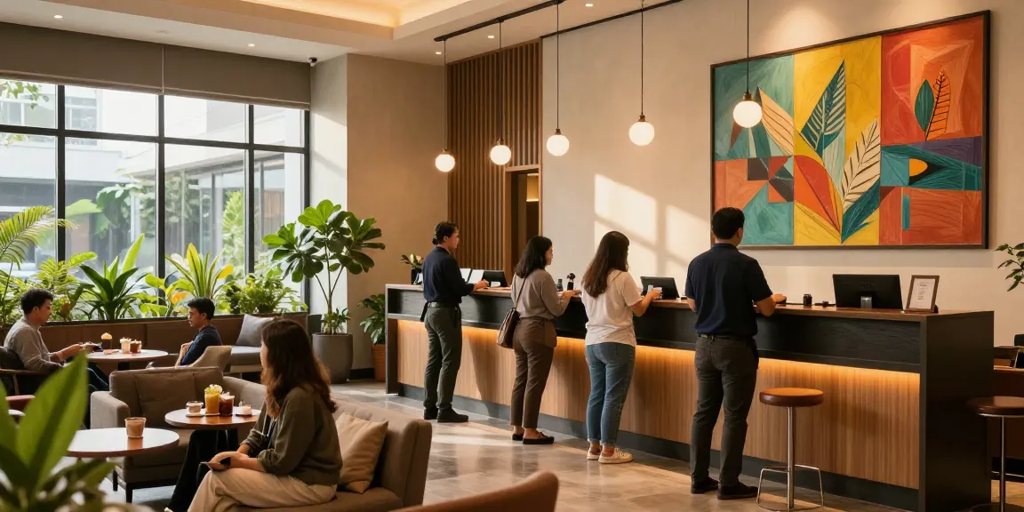 Travelers check-in at ROKOK88 hotel in cozy Jakarta lobby.