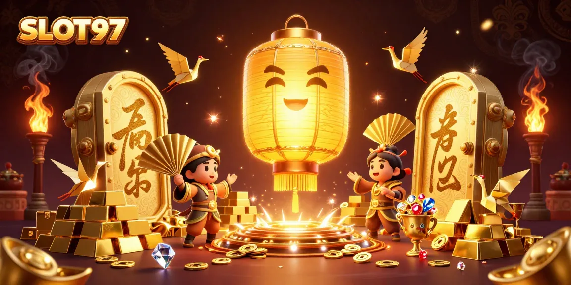 Engage with thrilling SLOT97 gameplay featuring a golden lantern spirit, explosive treasures, and casino action!