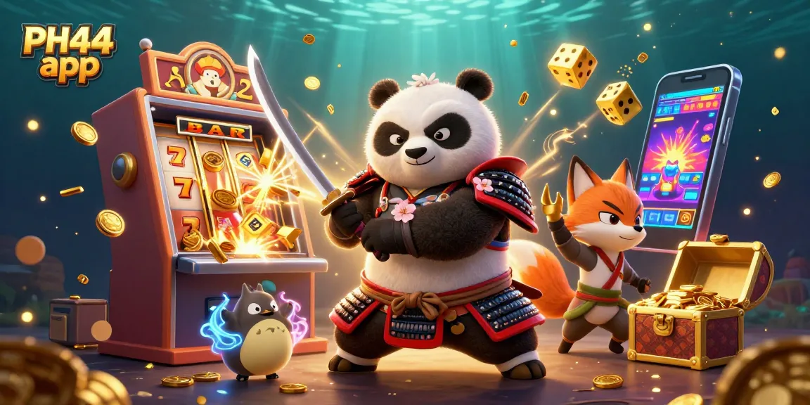 Experience the exciting PH44 app with a captivating scene featuring a samurai panda and ninja fox in an energetic casino illustration.