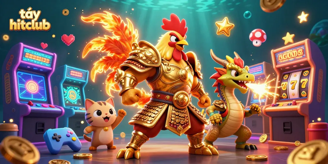 Play to win at tải hitclub with thrilling games and vibrant characters in a dazzling casino scene.