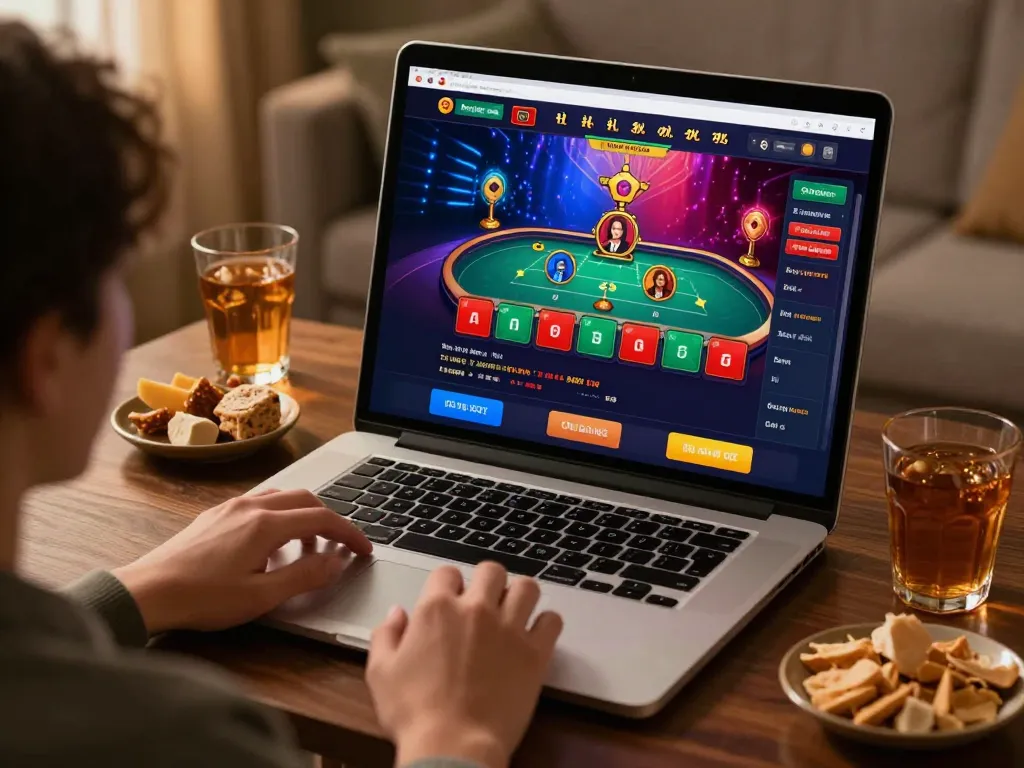 Kuwin user engaging with live dealer game on a laptop, showcasing strategic online gambling.
