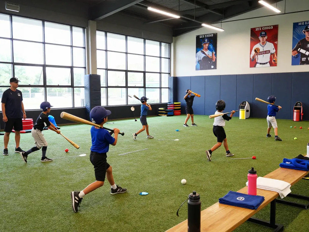 Young athletes at hitclub practicing baseball skills in a vibrant indoor facility.