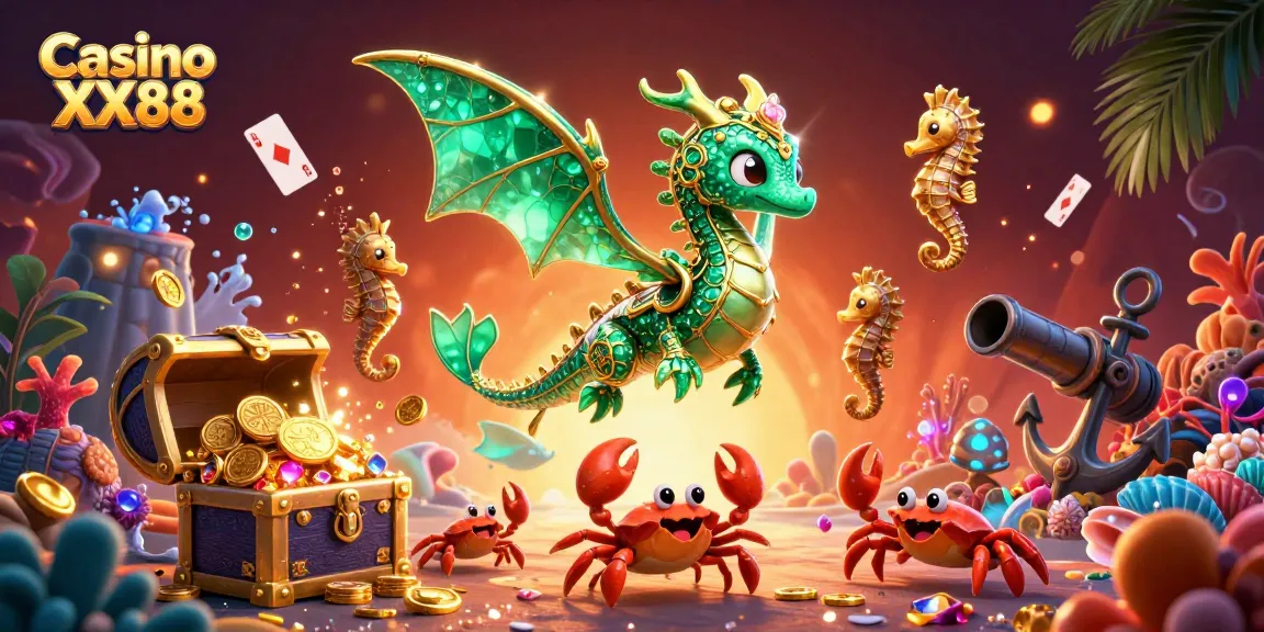 Casino XX88 showcases intense underwater action with vibrant elements and a dazzling sea dragon.