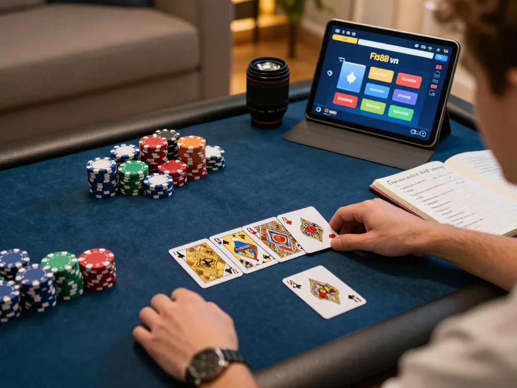 Player strategizing in online poker setup showcasing five88 vn gaming experience at home.