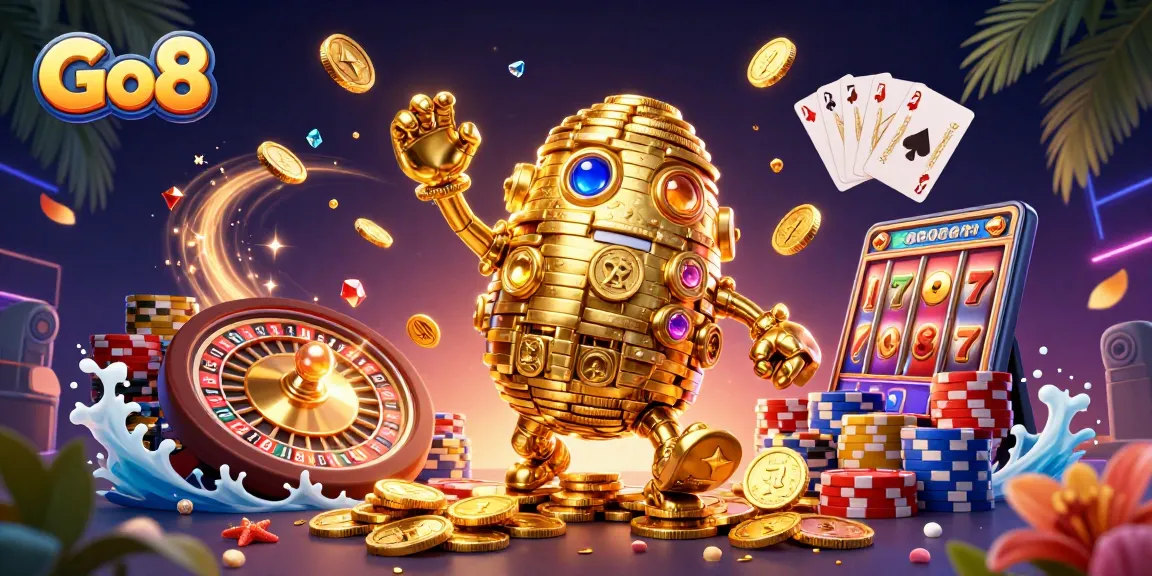 Experience exhilarating gameplay with Go8's golden golem amidst cascading coins and vibrant casino elements.