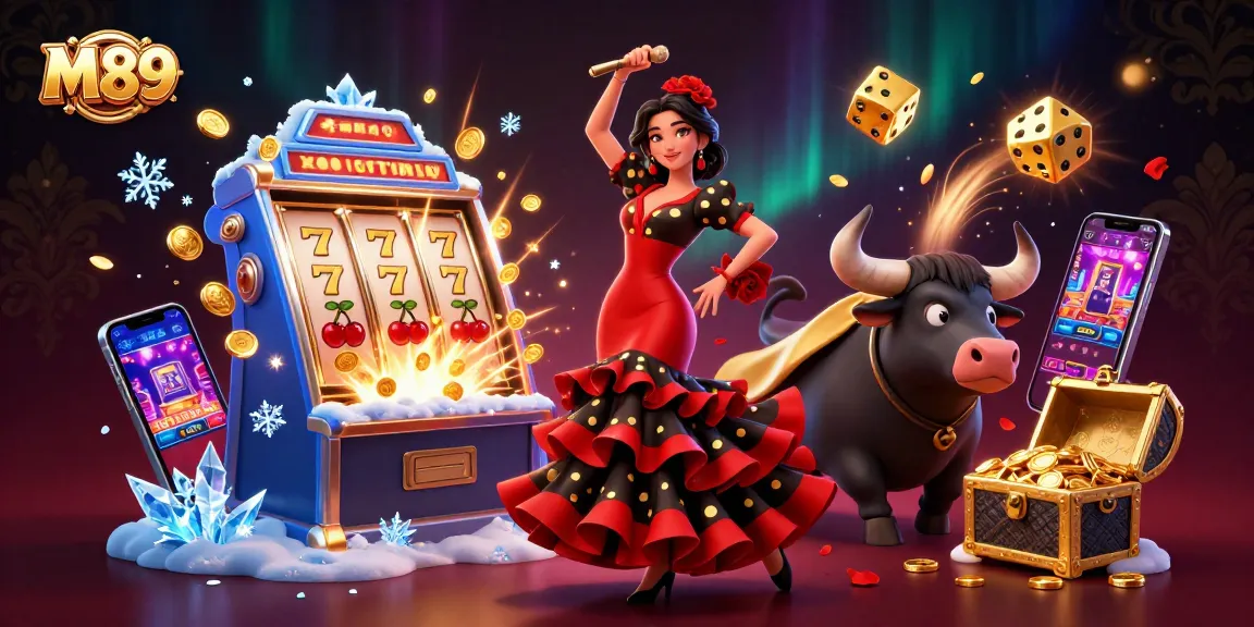 Experience the thrill of M 89 with vibrant slot machine jackpots and spinning reels in a dynamic casino scene.