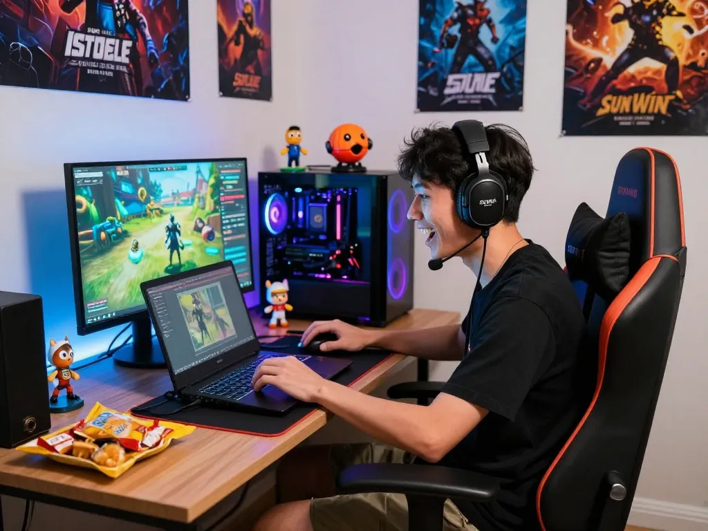 Excited player engaging in Sun Win gaming on laptop in vibrant setup.