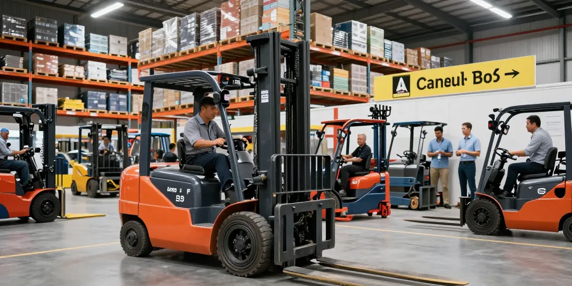 Explore electric forklifts for sale in a busy warehouse setting, showcasing various models in action.