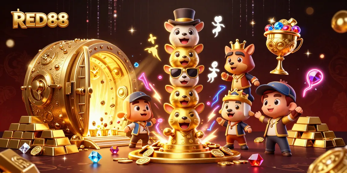 Win big with RED88's vibrant casino spirit, showcasing treasures in a dynamic 3D scene.