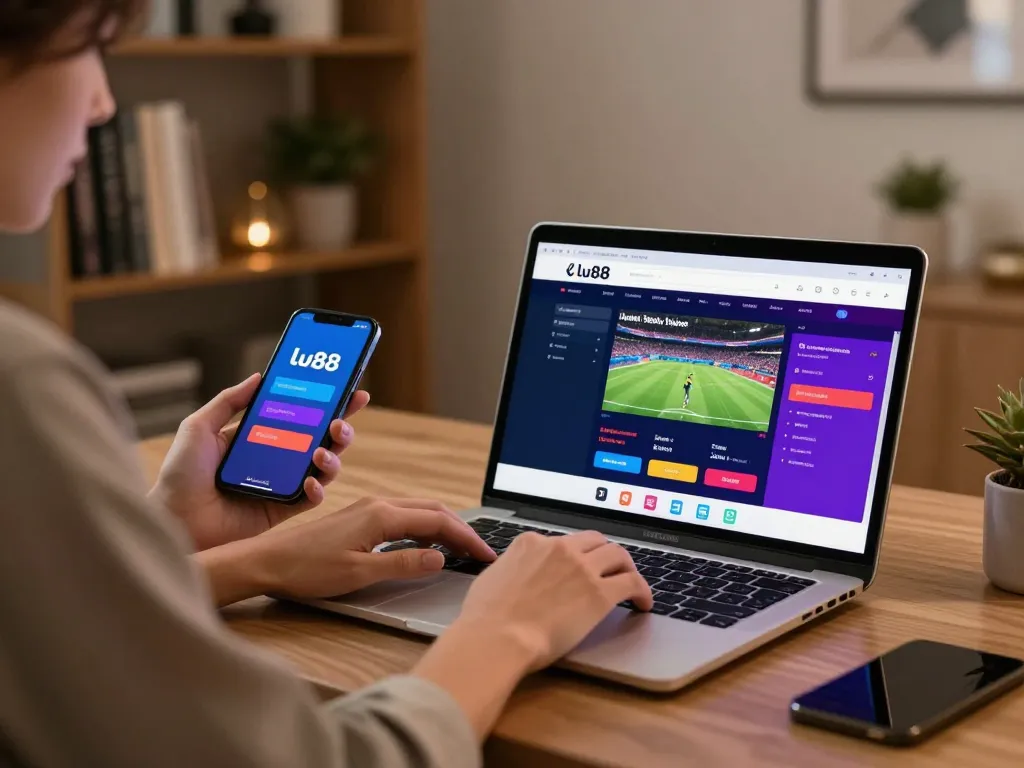 Person actively engaging in online betting on lu88 via laptop, showcasing a dynamic gambling experience.