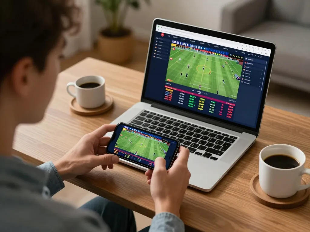 NET88 sports betting scene where a player engages with odds on a smartphone amid a cozy home setup, emphasizing responsible gaming.